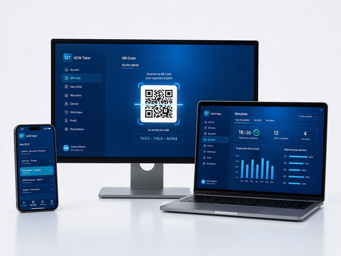 QCM Taker sur smartphone, ordinateur et écran
